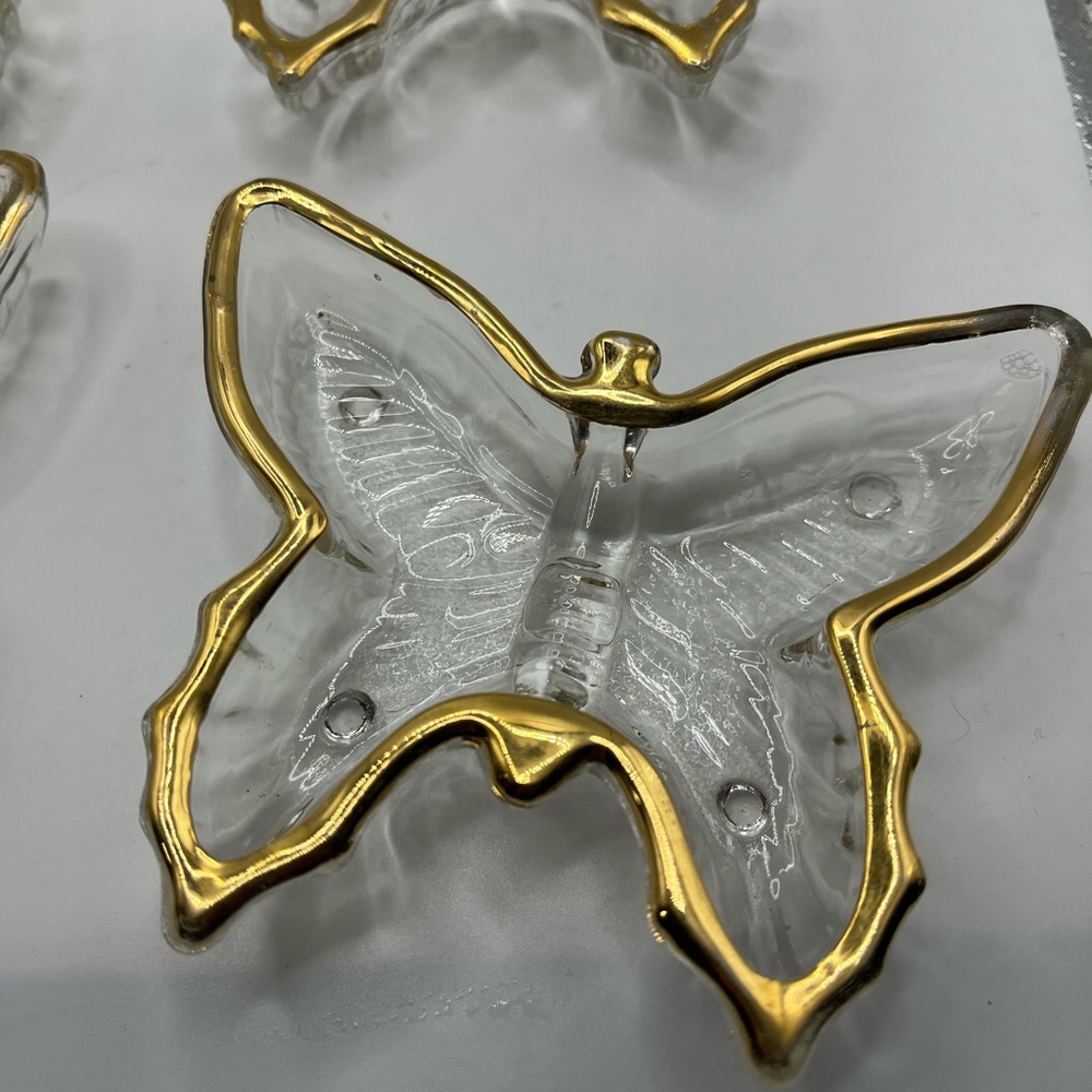 Small Butterfly Clear Glass Jewelry-Keys-Decor or Candy Dish Gold Trim. 4 total